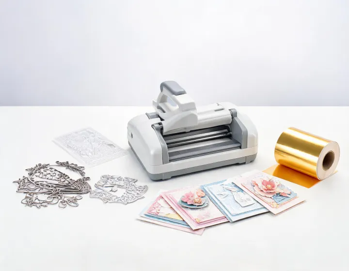 Die cutting machine beside layered greeting cards